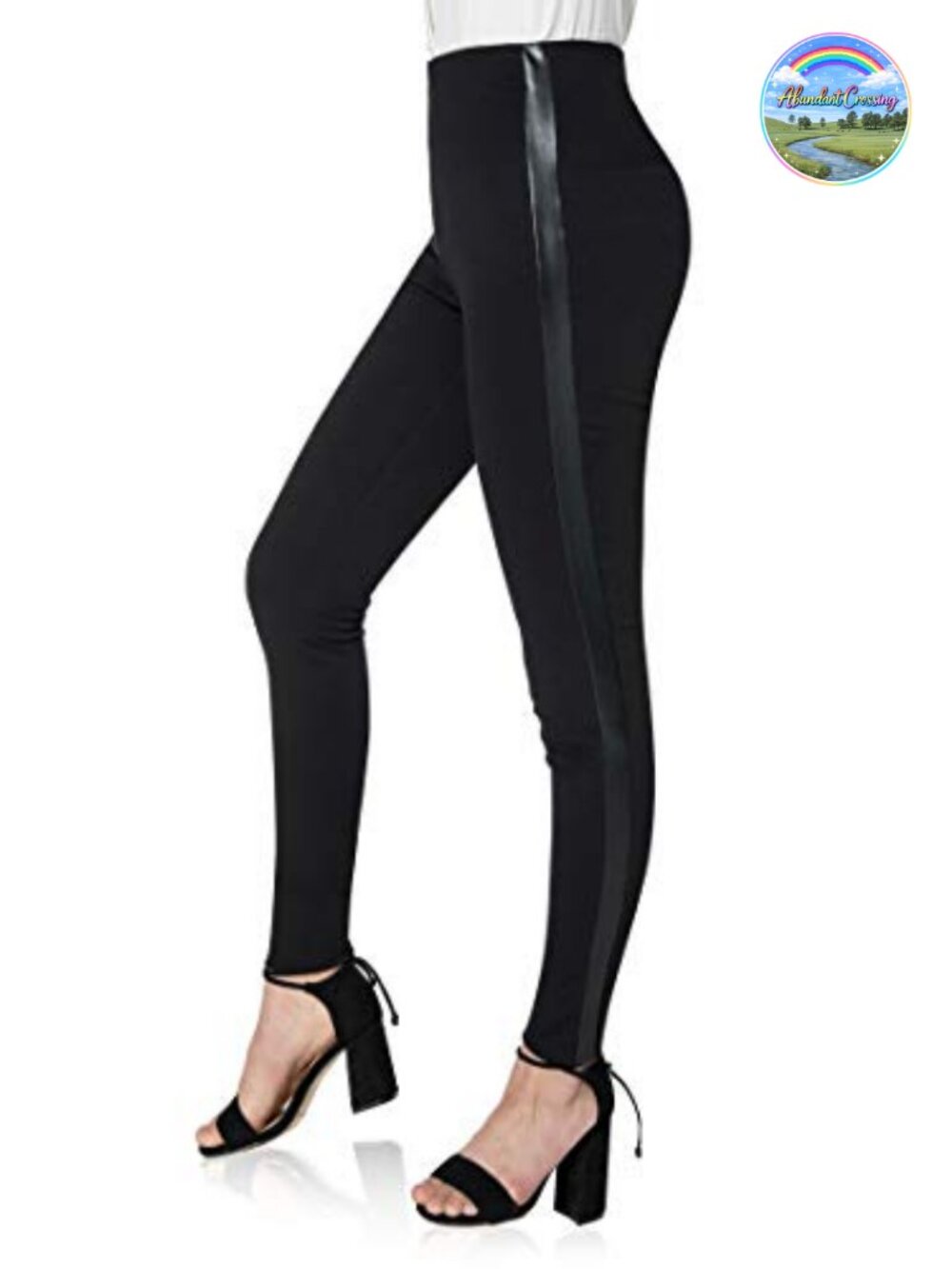 Women's Tuxedo Work Pants Skinny Stretch Slacks with PU Leather Stripe